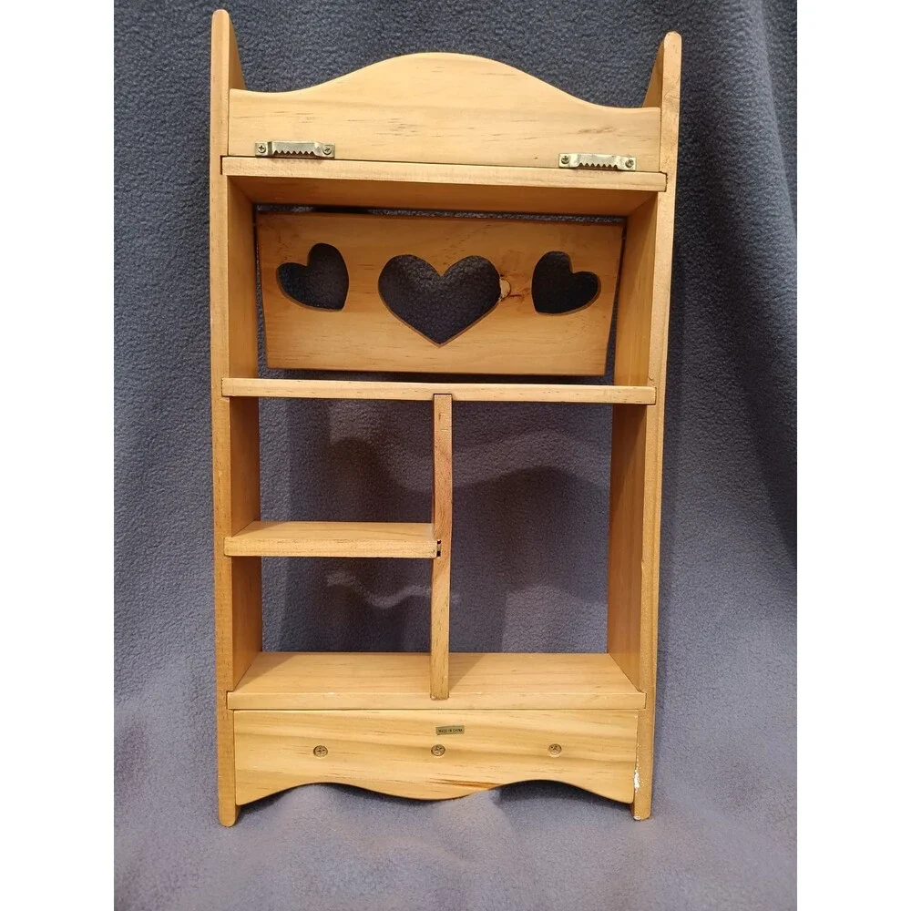 Vtg Wood Wall Curio Heart Cut Out Shadow Box Cubby Shelf Cottagecore Apothecary